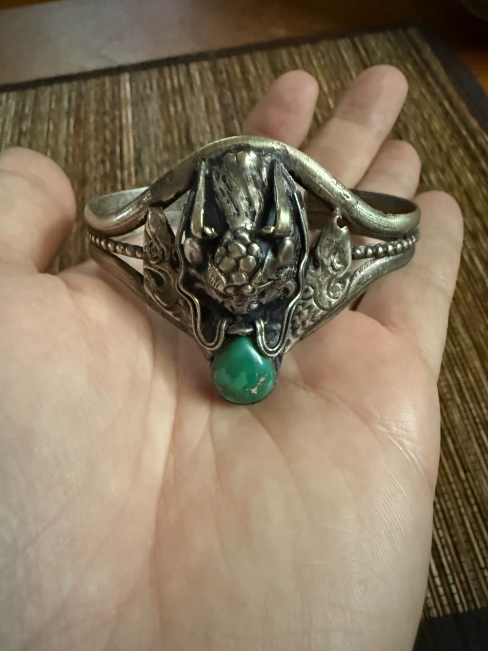 Tibetan Dragon Turquoise Cuff Bracelet Silver Metal Antique Vintage Artisan - Picture 4 of 12